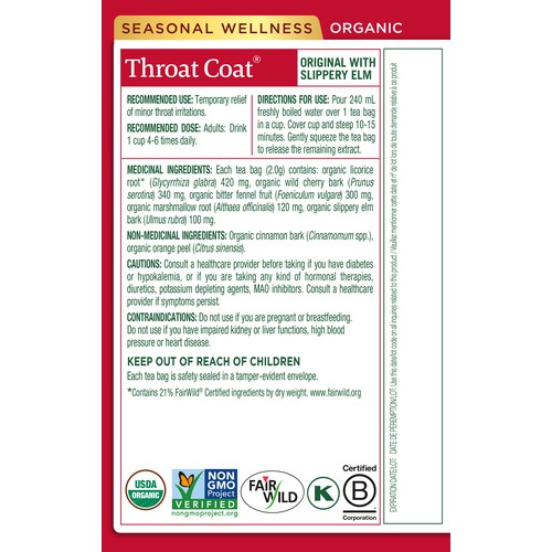 Traditional Medicinals Herbal Tea Throat Coat 16 Tea Bags