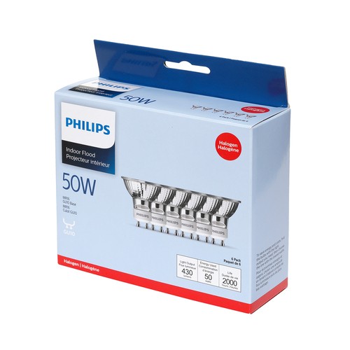Philips Halogen Light Bulbs 50W MR16 GU10 Base 6 EA