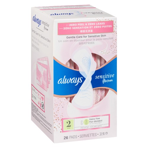 Always Sensitive Flex Foam Pads Heavy Flow Size 2 With Wings 26 Count