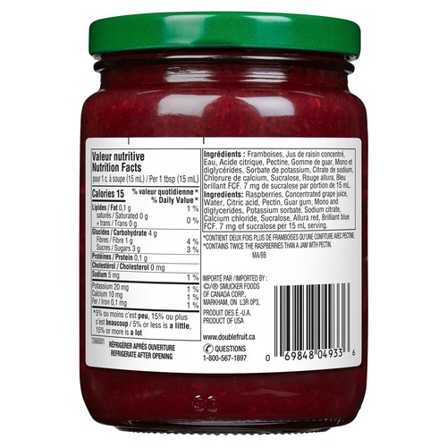 Double Fruit No Sugar Added Jam Raspberry 375 ml