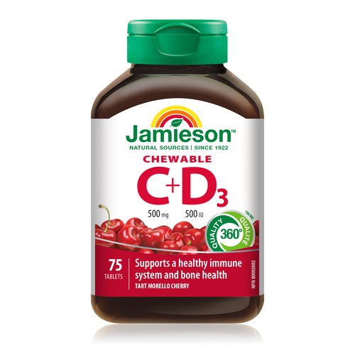 Jamieson Vitamins C + D3 Chewable Tablets Cherry 75 Count
