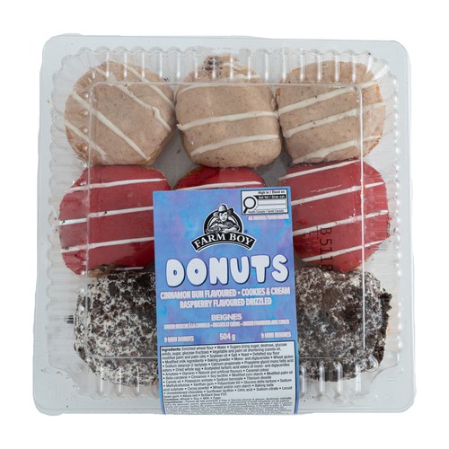Farm Boy Donuts Cinnamon Bun Cookies & Cream Raspberry Drizzled 504 g