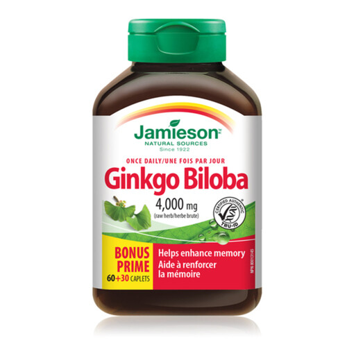 Jamieson Ginkgo Biloba 4,000 mg Raw Herb Caplets Bonus 90 Count