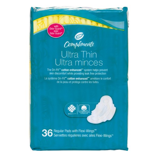 Compliments Ultra Thin Sanitary Pads Regular With Wings  36 Count