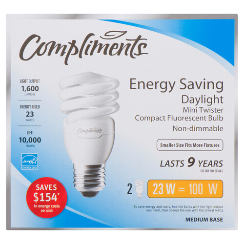 Compliments CFL Mini Twist Light Bulbs 23W Daylight 2 EA