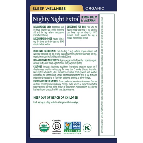 Traditional Medicinals Organic Herbal Tea Nighty Night Extra Valerian 16 Tea Bags