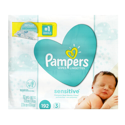 Pampers Baby Wipes Sensitive Perfume-Free 3 x Refill Packs 192 Count