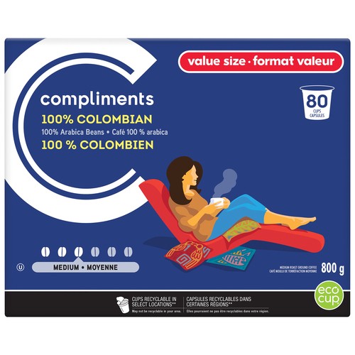 Compliments Coffee Pods 100% Colombian Medium Roast 80 Cups 800 g 