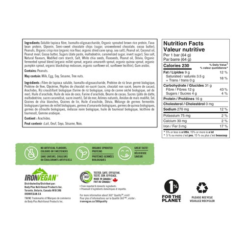 Iron Vegan Gluten-Free Sprouted Protein Bar Peanut Chocolate Chip 62 g