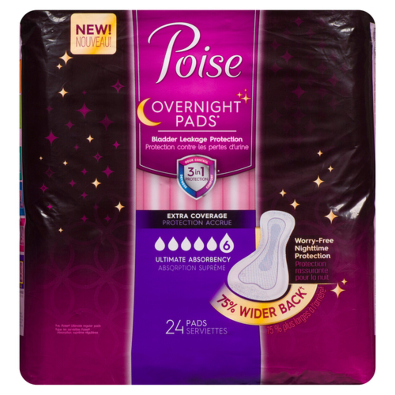 Poise Overnight Ultimate Absorbency Pads Extra Coverage Non Winged 24