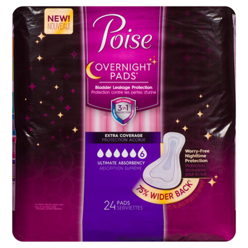 Poise Overnight Ultimate Absorbency Pads Extra Coverage Non Winged 24 Count