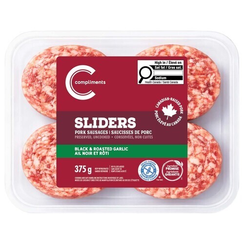 Compliments Frozen Pork Sausage Sliders Black & Roasted Garlic 375 g