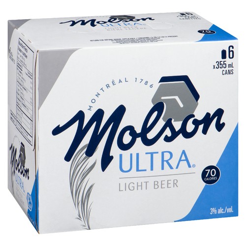 Molson Ultra Beer 3% Alcohol 6 x 355 ml (cans)