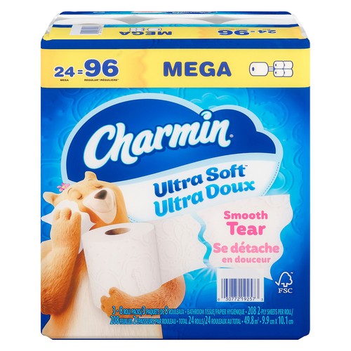 Charmin Toilet Paper Ultra Soft Smooth Tear 2-Ply 24 Mega Rolls x 208 Sheets