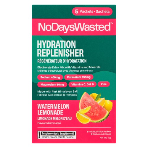 No Days Wasted Drink Mix Hydration Replenisher Watermelon Lemonade 5 x 8 g
