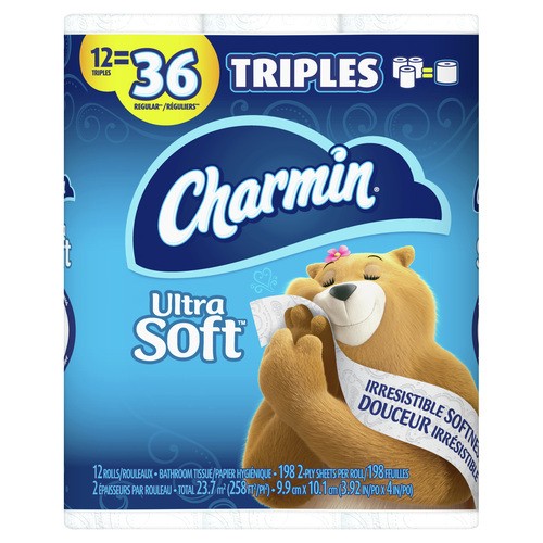 Charmin Toilet Paper Ultra Soft 2-Ply 12 Triple Rolls x 198 Sheets 
