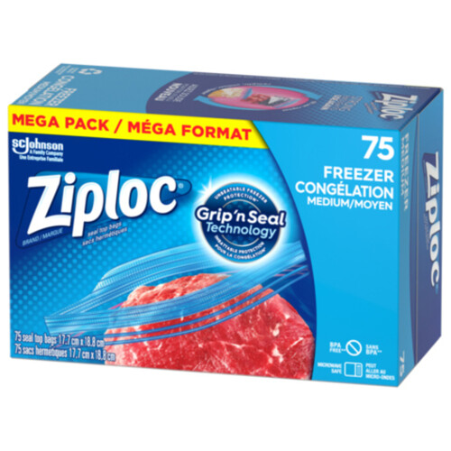 Ziploc Freezer Bags Grip 'n Seal Technology Medium Mega Pack 75 Bags