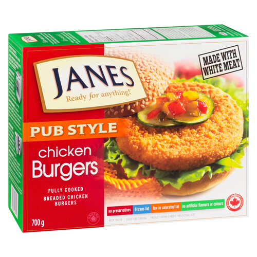 Janes Breaded Fully Cooked Frozen Chicken Burgers Pub Style 700 g