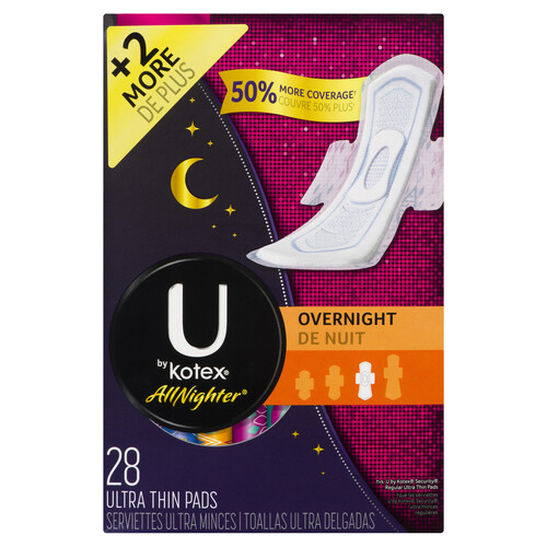 U by Kotex All Nighter Ultra Thin Pads Overnight With Wings 28 Count