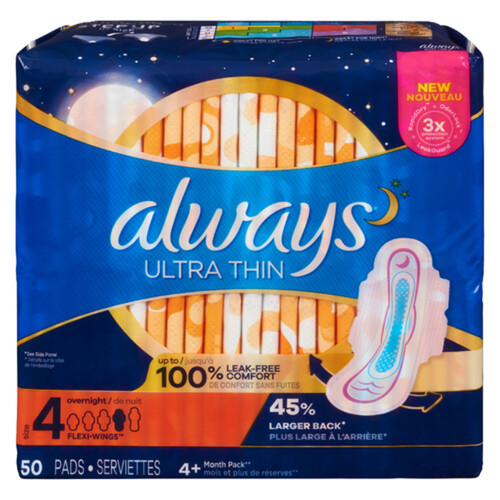 Always Ultra Thin Overnight Pads Size 4 With Wings 36 Count