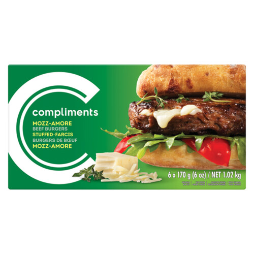 Compliments Frozen Beef Burgers Mozz-Amore Stuffed 6 Patties 1.02 kg