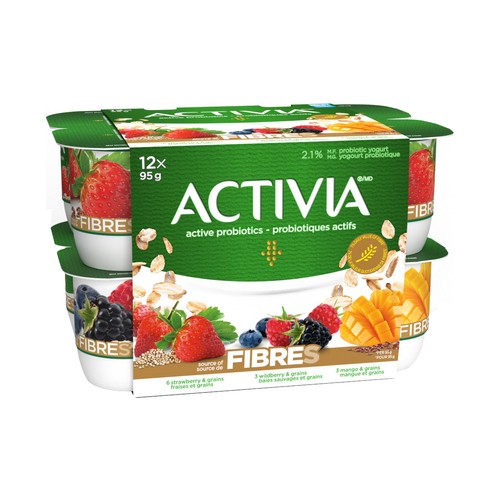 Activia Probiotics Yogurt Source Of Fibres Strawberry-Wildberry-Mango 12 x 95 g