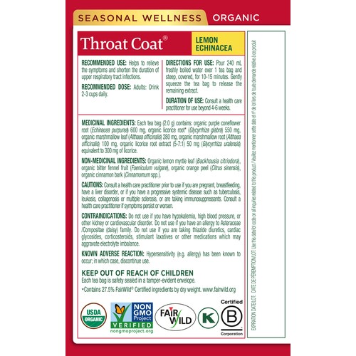 Traditional Medicinals Herbal Tea Lemon Echinacea 16 Tea Bags