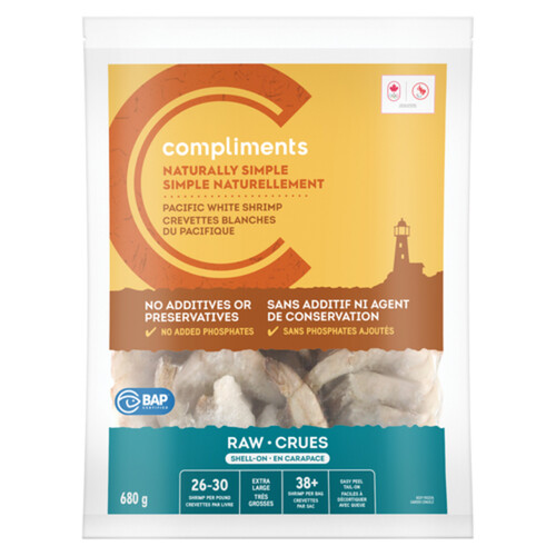 Compliments Naturally Simple Frozen Raw Shrimp Pacific White 26-30 Count 680 g