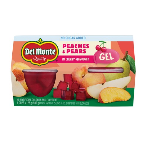 Del Monte Gel Fruit Cups Diced Peach & Pear In Cherry Flavored 4 x 125 g