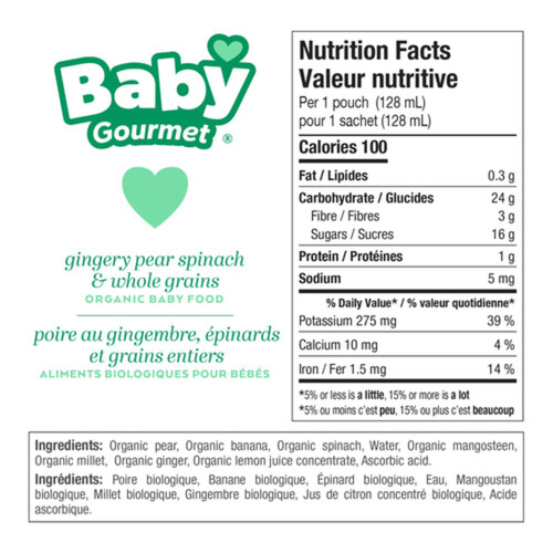 Baby Gourmet Organic Baby Food Gingery Pear, Spinach & Whole Grains 128 ml