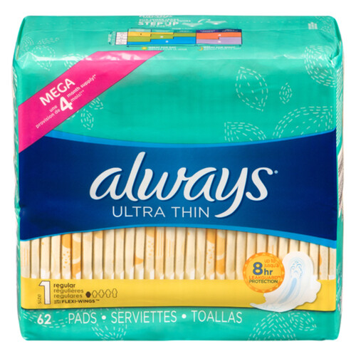 Always Ultra Thin Pads Regular Size 1 With Wings 62 Count - Voilà Online  Groceries & Offers