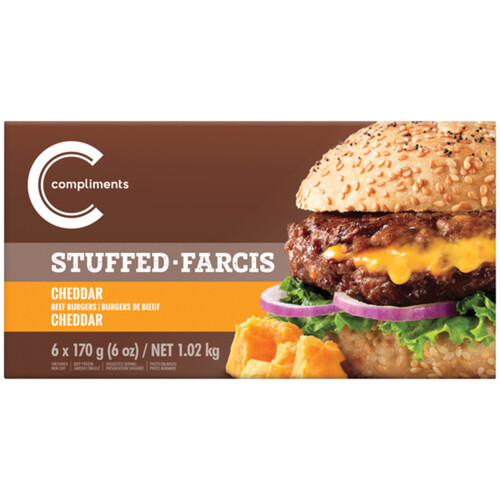 Compliments Frozen Beef Burgers Cheddar Stuffed 6 Patties 1.02 kg