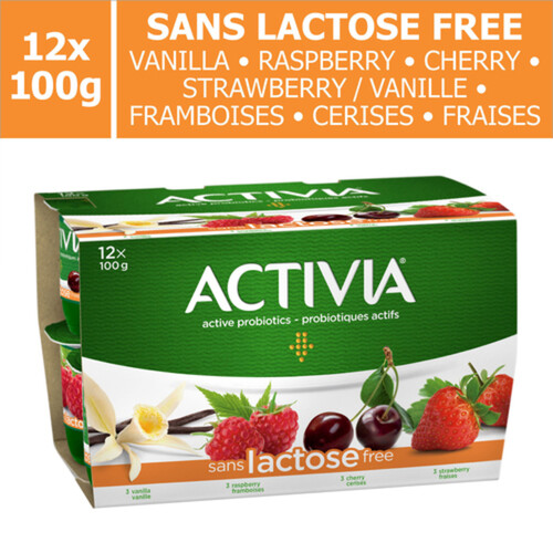 Activia Lactose-Free Probiotics Yogurt Vanilla Strawberry Raspberry Cherry Value Size 12 x 100 g