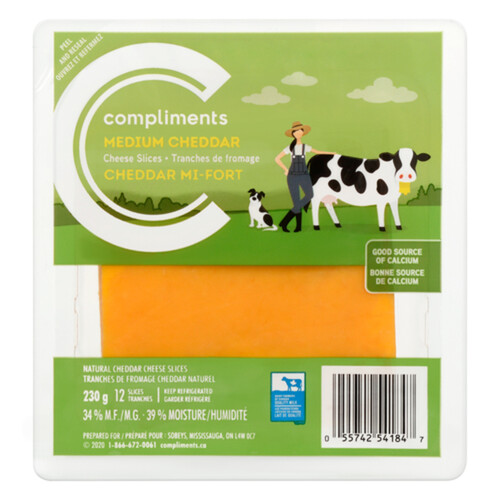 Compliments Sliced Cheese Medium Cheddar 12 Slices 230 g