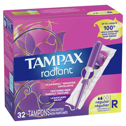 Tampax Radiant Wrapped Tampons Regular Unscented 32 Count