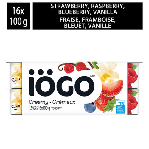iÖGO 1.5% Creamy Yogurt Strawberry Raspberry Blueberry & Vanilla 16 x 100 g
