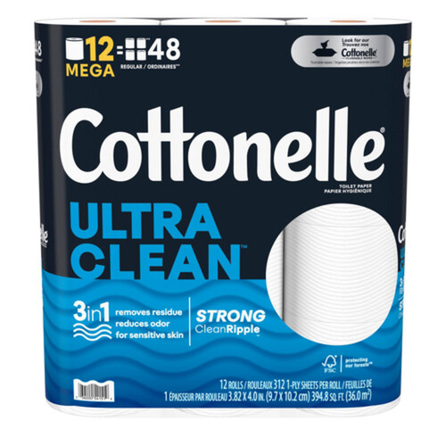 Cottonelle Toilet Paper Ultra Clean Strong 12 Mega Rolls x 312 Sheets 