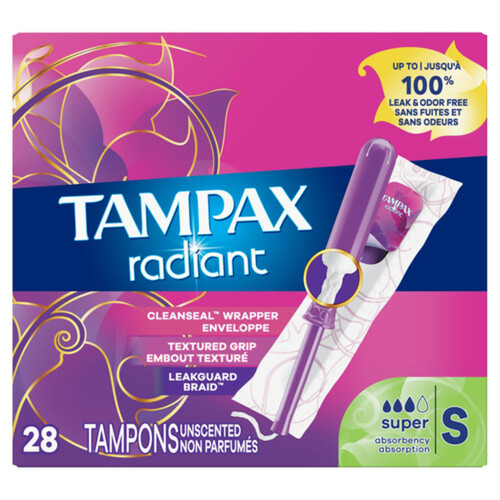 Tampax Radiant Tampons Super Unscented 28 Count