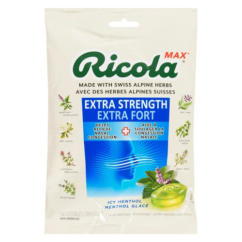 Ricola Max Cough Suppressant Throat Lozenges Extra Strength Icy Menthol 34 Count