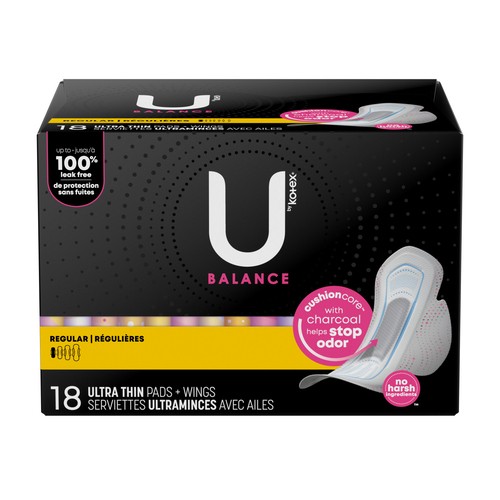 U by Kotex Balance Ultra Thin Pads Regular With Wings 18 Count