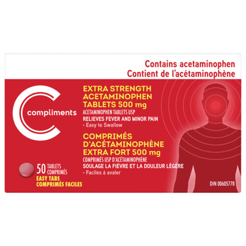 Compliments Acetaminophen Extra Strength Easy Tabs 500 mg 50 EA