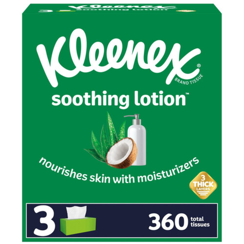 Kleenex Soothing Lotion Facial Tissues With Coconut Oil Aloe & Vitamin E 3 Flat Boxes 3-Ply 120 Tissues Per Box