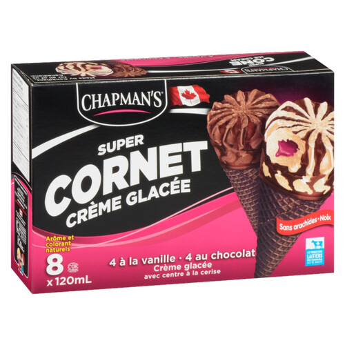 Chapman's Super Ice Cream Cones Vanilla & Chocolate Cherry Center 8 x 120 ml