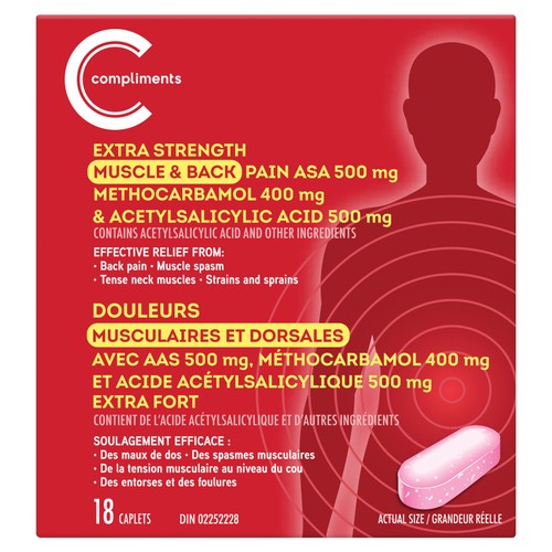 Compliments Pain ASA 500 mg Muscle And Back Extra Strength Caplets 18 Count