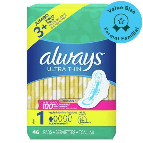 Always Ultra Thin Pads Regular Size 1 With Wings 46 Count (Value Size)