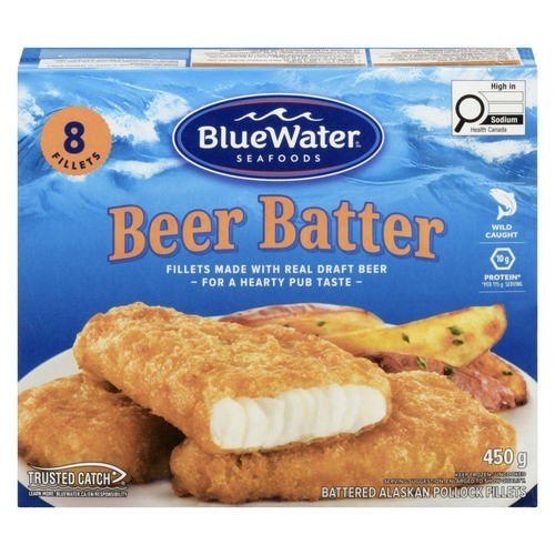 BlueWater Seafoods Frozen Alaska Pollock Fillets Beer Battered 450 g