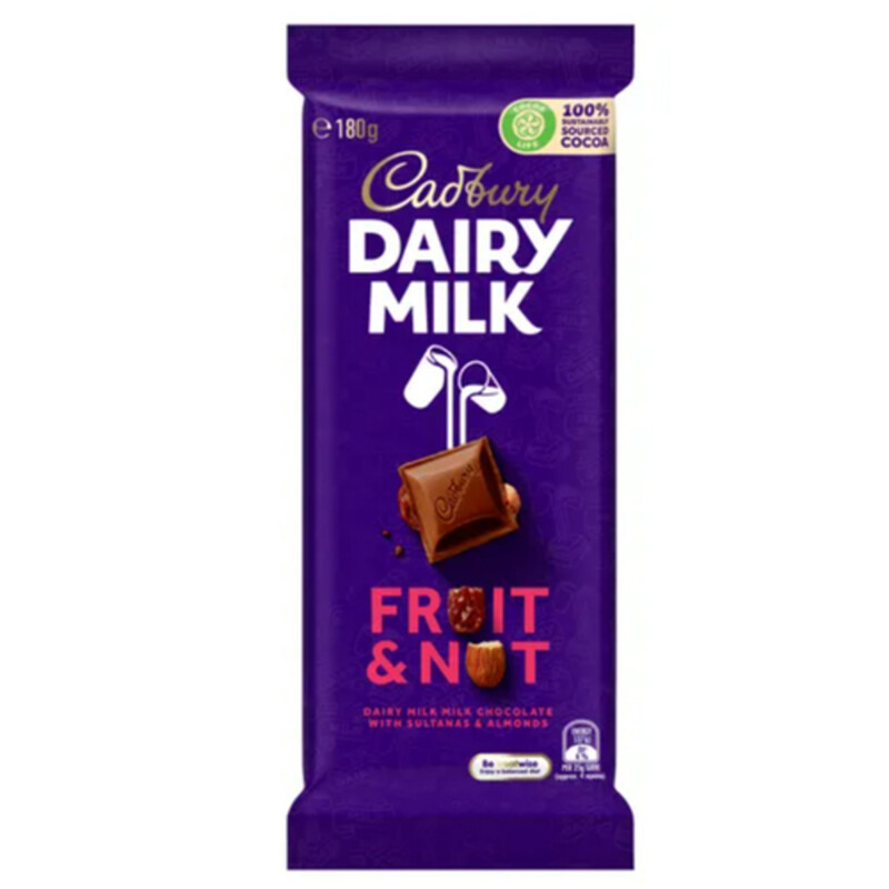 Cadbury Dairy Milk Chocolate Bar Fruit & Nut 180 g Voilà Online