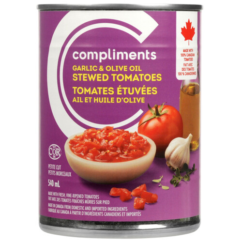 Compliments Canned Petite Cut Stewed Tomatoes Garlic & Olive Oil 540 ml