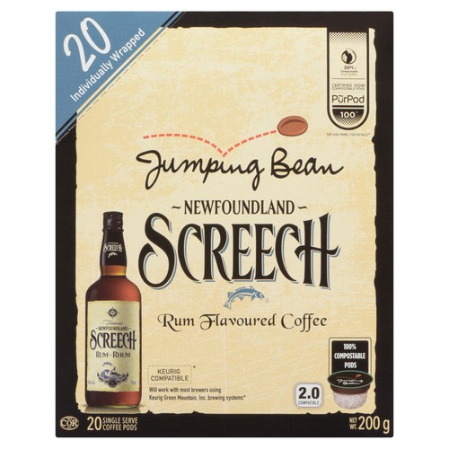 Jumping Bean Coffee Pods Newfoundland Screech Fairtrade 100% Compostable 20 K-Cups 200 g