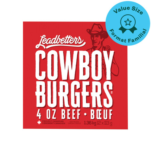 Leadbetters Cowboy Frozen Burgers 4 oz Beef Value Size 1.36 kg